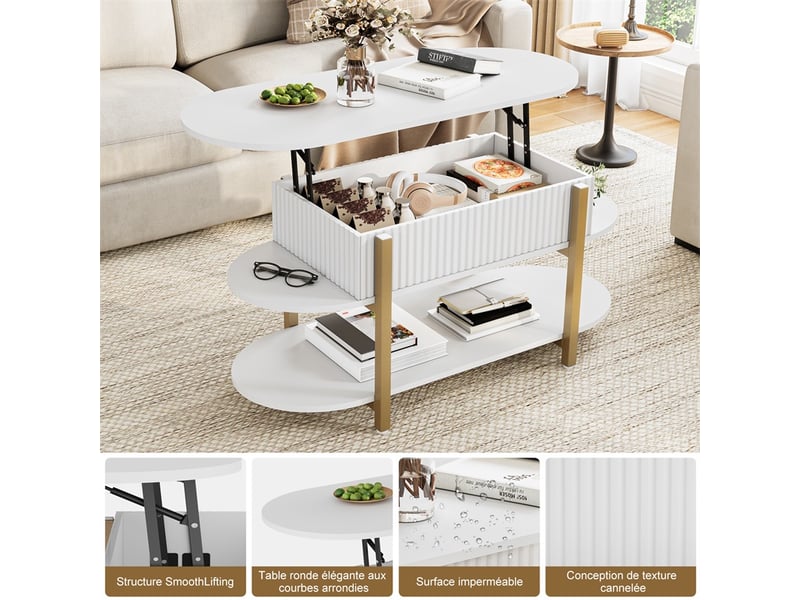  Table basse relevable 106x45x50 cm - plateau relevable avec coffre et 2 étagères de rangement - ovale - blanc  - Conforama D
