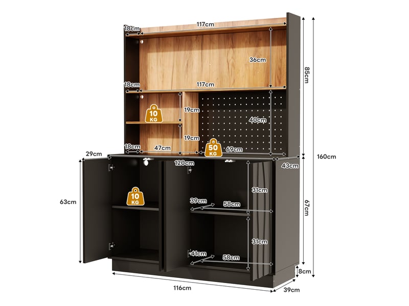 Buffet haut de cuisine 120 x 43 x 160 cm noir et bois, 4 portes, led rgb, prises, usb, panneau perforé et niches ouvertes pour cuisine moderne - Conforama D