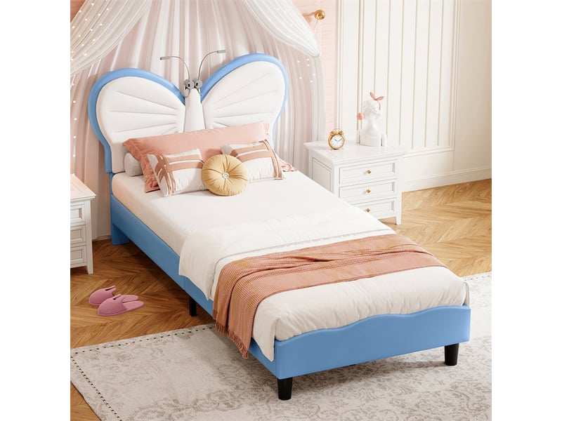  Lit 90x190cm - lit enfant 90x190cm - lit rembourré avec tête de lit en forme de papillon équipée de led et liseuse - bleu  - Conforama B