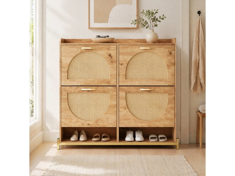  Meuble à chaussures 4 portes en mdf avec détails en rotin, finition bois  - Conforama C