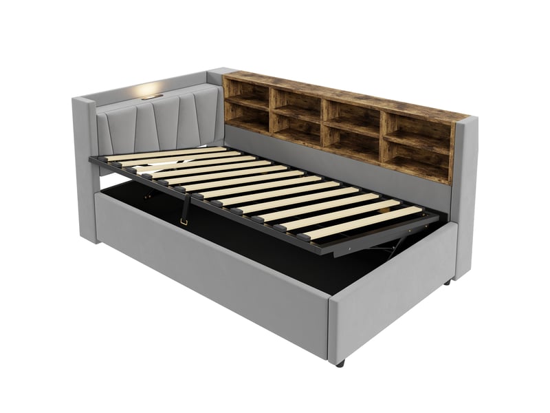  Lit banquette enfant 90x200 cm gris clair velours, rangement hydraulique, éclairage et ports usb  - Conforama D