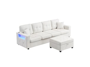 Canapé d'angle modulable 4 places en lin beige avec pouf de rangement et led