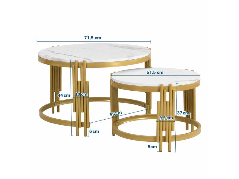  Ensemble de 2 tables basses rondes gigognes effet marbre blanc et métal doré, ø 71,5 et 51,5 cm  - Conforama C