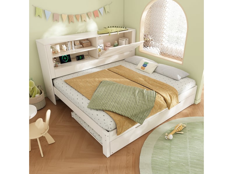  Lit gigogne 140x190 cm, tête de lit avec rangement, couchage gigogne, usb et usb-c, sommier à lattes pour chambre - blanc  - Conforama B