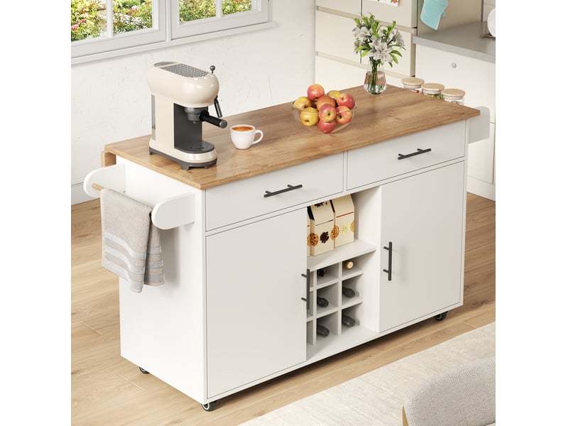  Desserte de cuisine 120 x 45 x 84 cm blanche en bois, plateau rabattable, 2 tiroirs et 4 roulettes mobiles  - Conforama E