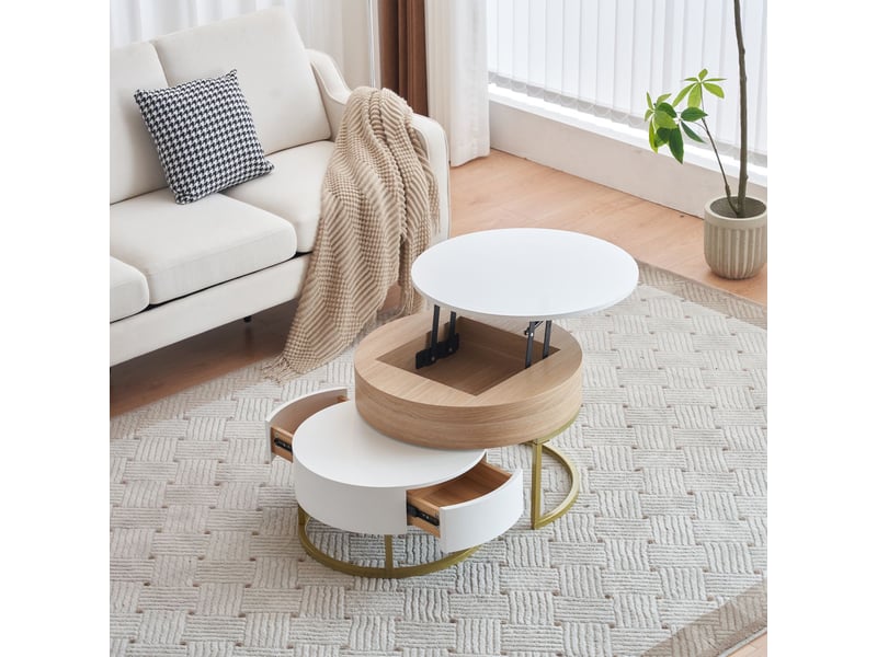  Table basse 70x70x40-56,5 cm, design doré blanc bois table basse salon, plateau relevable, deux tiroirs, rangement intégré, ensemble gigogne  - Conforama B