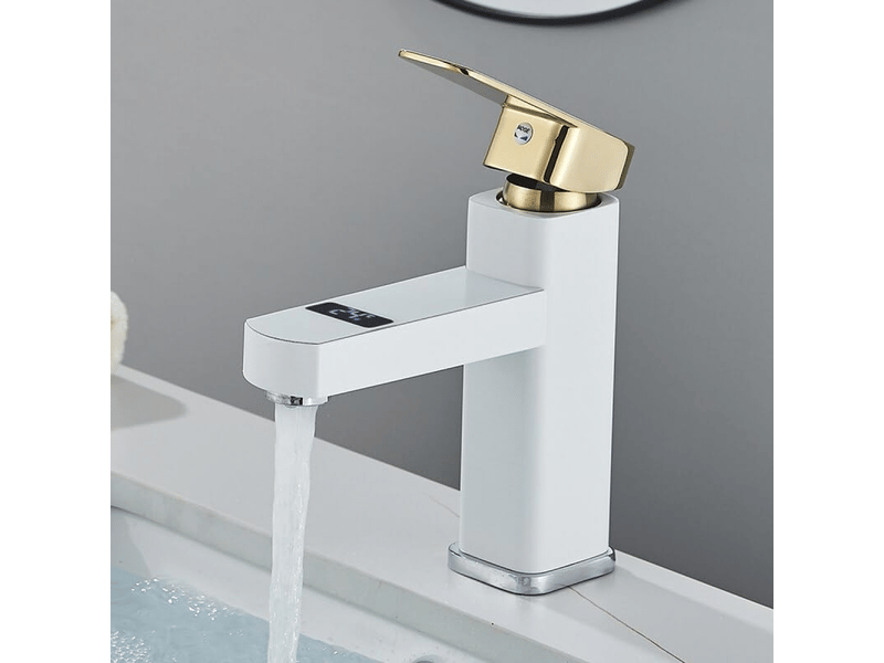  Robinet de lavabo à affichage numérique intelligent, robinet de lavabo de salle de bain (or blanc court)  - Conforama C