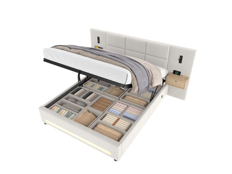 Lit coffre 160 × 200 cm en velours beige avec tiroirs, usb-c et led Fay Lum - Conforama A