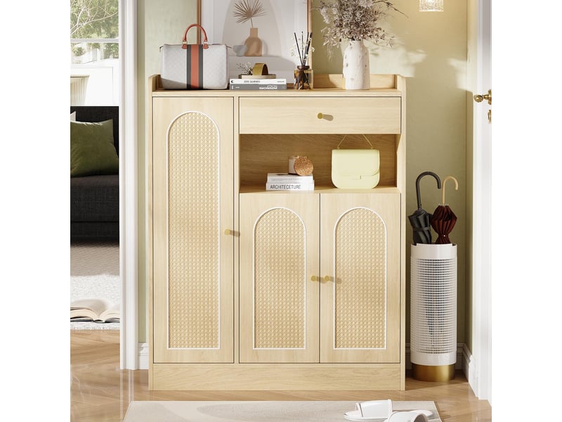  Meuble à chaussures cannage rotin - 90x35x110cm - buffet d'entrée 3 portes et 1 tiroir - bois  - Conforama B