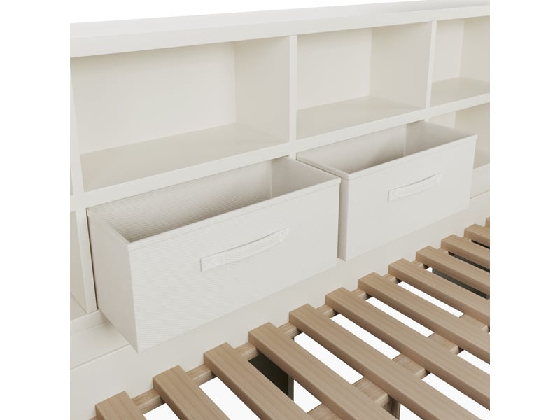  Lit gigogne 140x190 cm avec rangements et prises de charge, bois et panneau de particules, blanc, sans matelas  - Conforama D