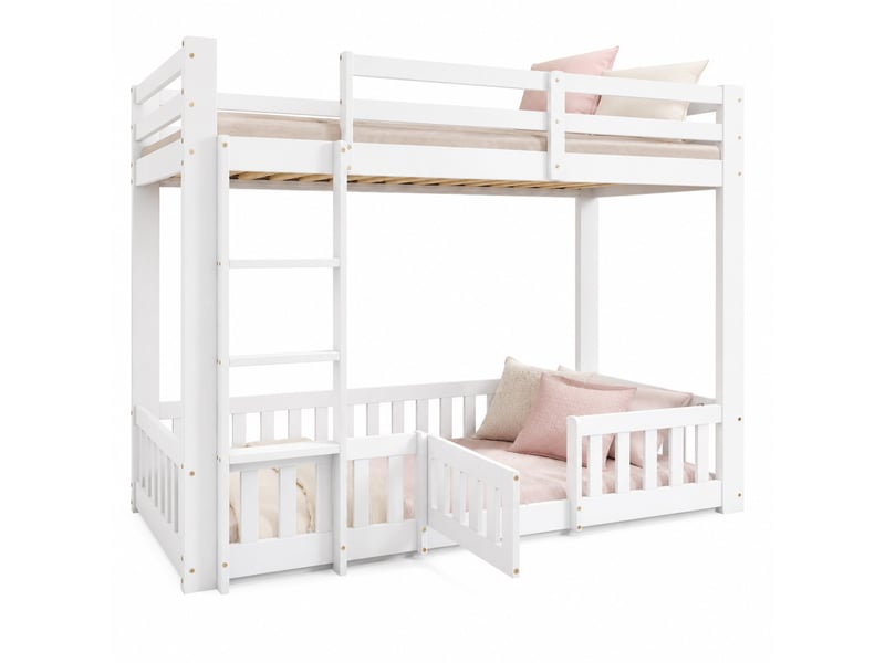  Lit superposé 90x200 cm, escalier d’angle et porte, pour chambre enfant, design sécurisé, bois, coloris blanc, sans matelas  - Conforama A