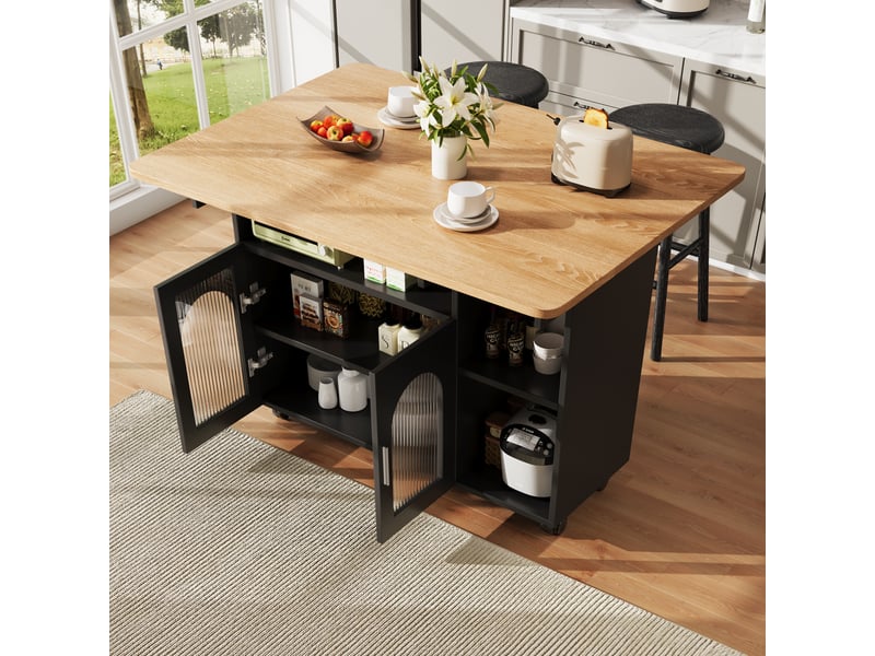  Buffet cuisine noir multifonction - îlot avec chariot amovible et table de repas - rangement intégré  - Conforama E