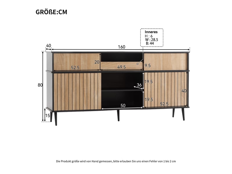  Buffet bas 160x40x80 cm avec 4 portes coulissantes, 1 tiroir et rangements ouverts, meuble salon salle à manger mdf-noir et chêne  - Conforama C