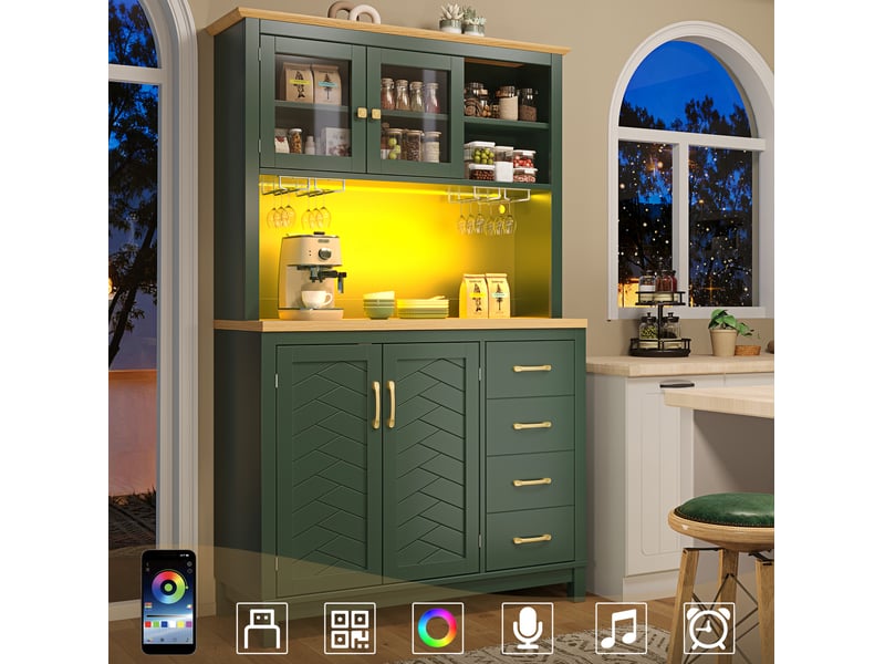 Buffet de cuisine 4 portes, 4 tiroirs, led et porte-verres, 105,5 x 40 x 180 cm, vert  - Conforama D