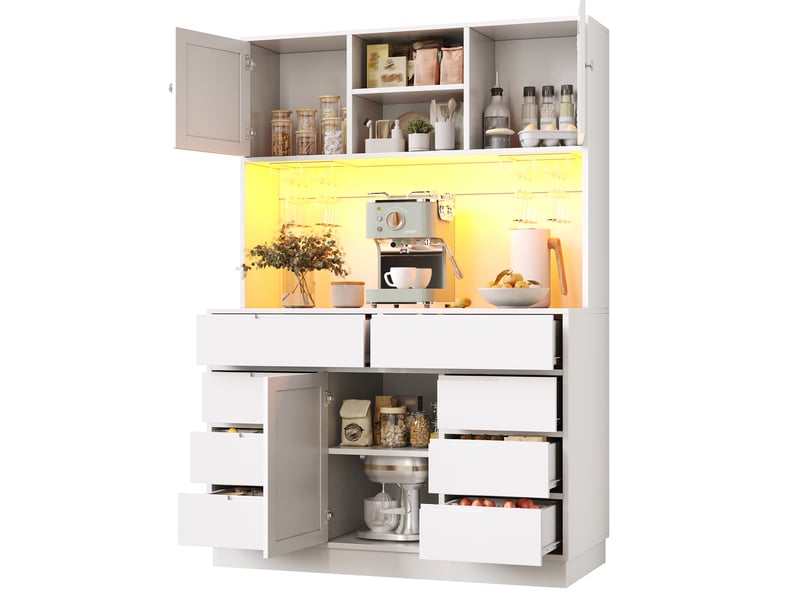  Armoire de cuisine haute blanche 120 cm, meuble de rangement avec led intelligente, 8 tiroirs, étagères réglables  - Conforama A