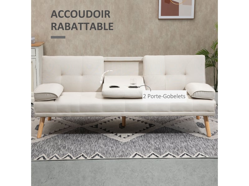  Canapé convertible 3 places, 2 coussins et 2, canapé-lit rembourré avec dossier réglable 3 niveaux  - Conforama W