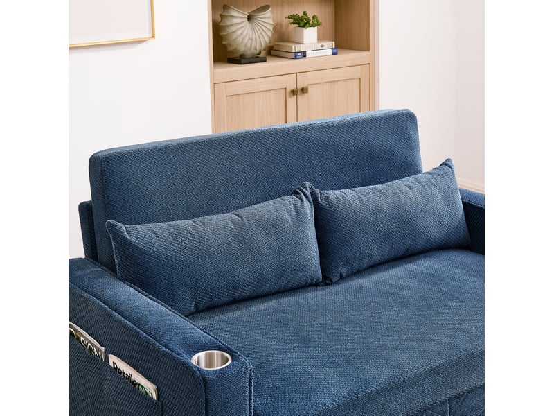  Canapé droit convertible 2 places en tissu bleu marine avec usb, système coulissant, idéal pour petits espaces  - Conforama D