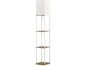 Lampadaire avec étagères 26x26x159 cm – blanc et brun – abat-jour en tissu, 3 tablettes