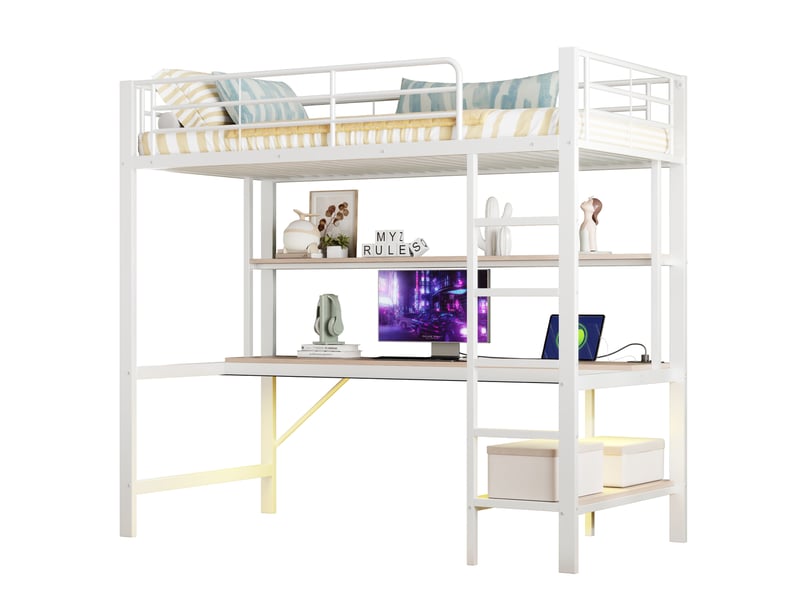  Lit mezzanine 90*200 cm, structure en métal, éclairage led, bureau, port usb, échelle, barrière, sans matelas, blanc  - Conforama A
