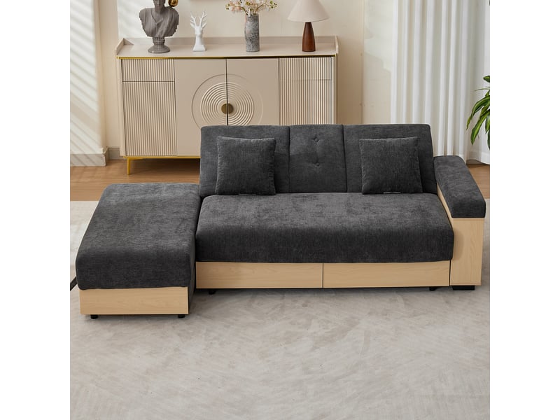  Canapé-lit convertible 3 places – rangement et porte-gobelet – tissu chenille – 217 cm – gris  - Conforama B