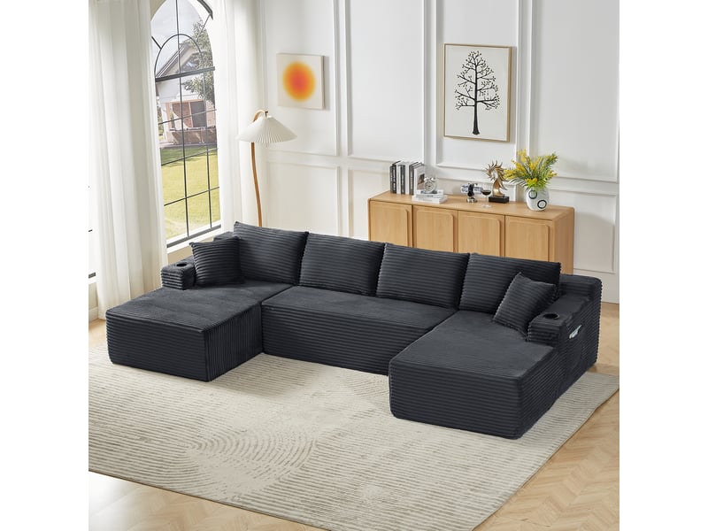  Canapé d'angle 4 places en u canapé modulable canapé compressé en velours côtelé avec porte-gobelets poches latérales, gris  - Conforama B