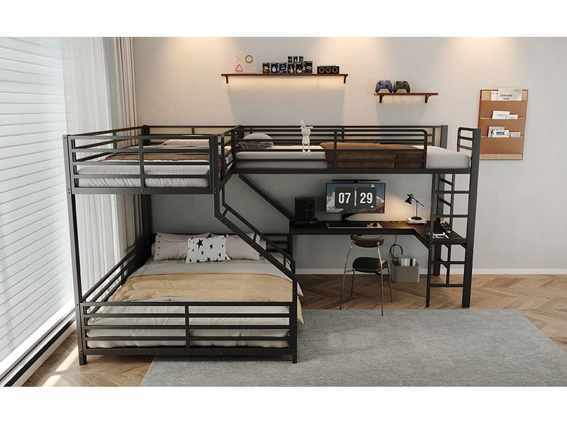  Lit enfant superposé ， 90x200 et 140x200 cm ，trois couchages bureau prises usb type c ，mdf métal， noir  - Conforama B