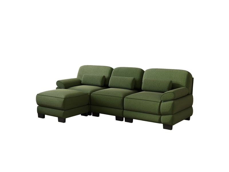  Canapé modulable l 3 places en velours côtelé vert avec ottomane et coussin lombaire  - Conforama E