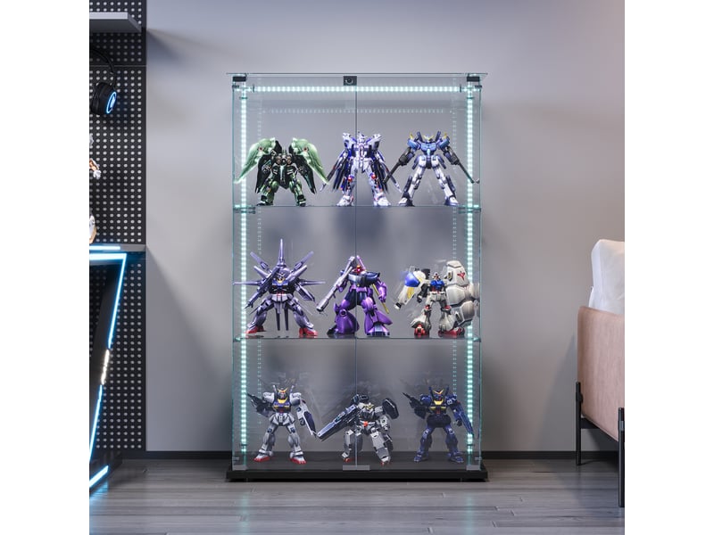  Vitrine en verre 3 niveaux double porte - noir - 78,5 x 35 x 123,5 cm - armoire d'exposition avec ruban led et base noire  - Conforama E
