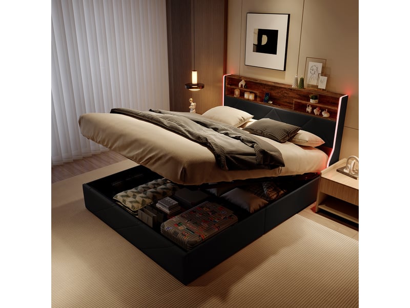  Lit coffre 140x200cm - lit double 140x200 - lit adulte 140x200 - tête de lit avec led et ports usb - design géométrique - noir  - Conforama B