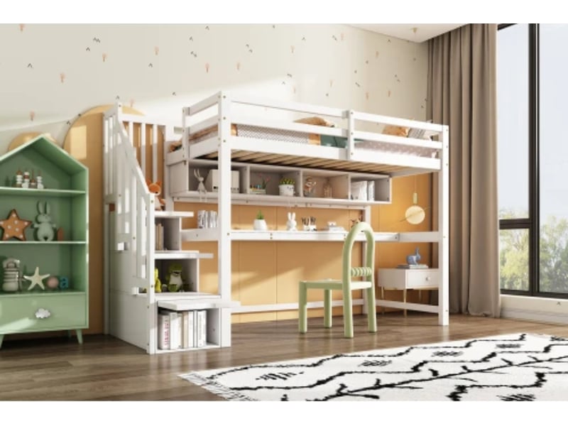  Lit superposé enfant, 90×200 cm, escalier de rangement, bois massif + mdf, bureau + étagères, blanc  - Conforama B