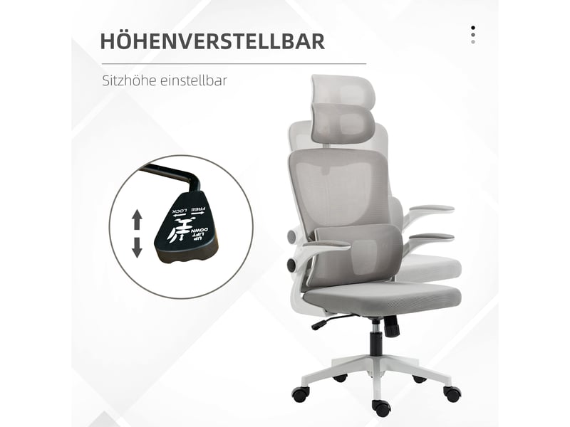  Chaise de bureau ergonomique,60x59x114-122 cm,avec appui-tête,mesh,gris  - Conforama E