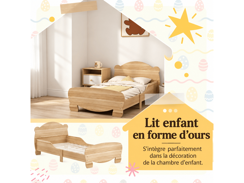  Lit enfant 70x140 cm en bois naturel avec barrière de sécurité - ours, garçon et fille, 3-6 ans  - Conforama E