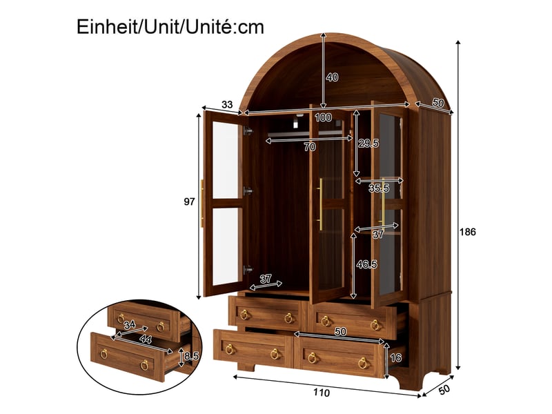  Armoire penderie 110x50x186 cm - éclairage led - grand rangement - portes vitrées - 4 tiroirs - 3 portes - mdf - bois naturel et noir CozyNest - Conforama D