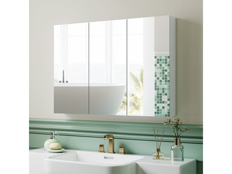  Armoire murale salle de bain avec miroir, armoire de toilette 3 portes miroir, étagères réglables, blanc, 91,5x11,5x65cm  - Conforama A
