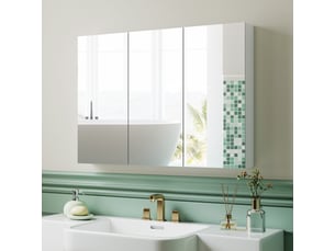Armoire murale salle de bain avec miroir, armoire de toilette 3 portes miroir, étagères réglables, blanc, 91,5x11,5x65cm