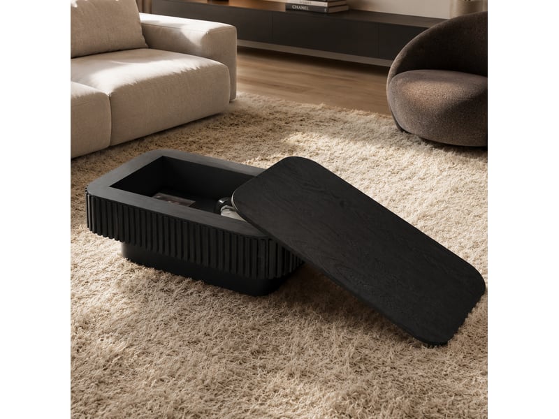 Table basse avec coffre de rangement et plateau amovible, style rainuré, pour salon, 98 cm, en mdf et bois, noir - Conforama B