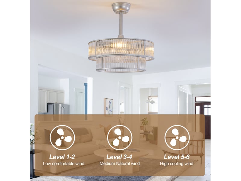  Ventilateur de plafond 19 pouces en verre et métal argenté, avec télécommande, app bluetooth, 6 vitesses, silencieux  - Conforama B