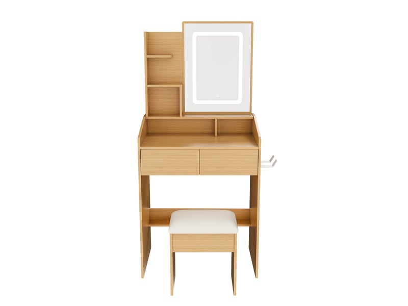  Coiffeuse avec miroir led 60x36x130 cm, prises, rangement, meuble de chambre, 2 tiroirs, tabouret, mdf, couleur naturel  - Conforama A