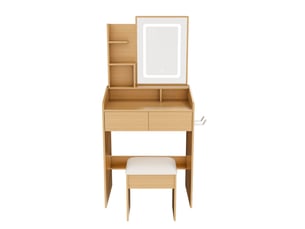 Coiffeuse avec miroir led 60x36x130 cm, prises, rangement, meuble de chambre, 2 tiroirs, tabouret, mdf, couleur naturel