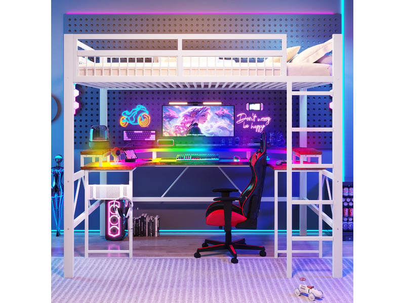 Lit mezzanine 140x200 cm en métal avec bureau, led multicolore et prises, blanc - Conforama B