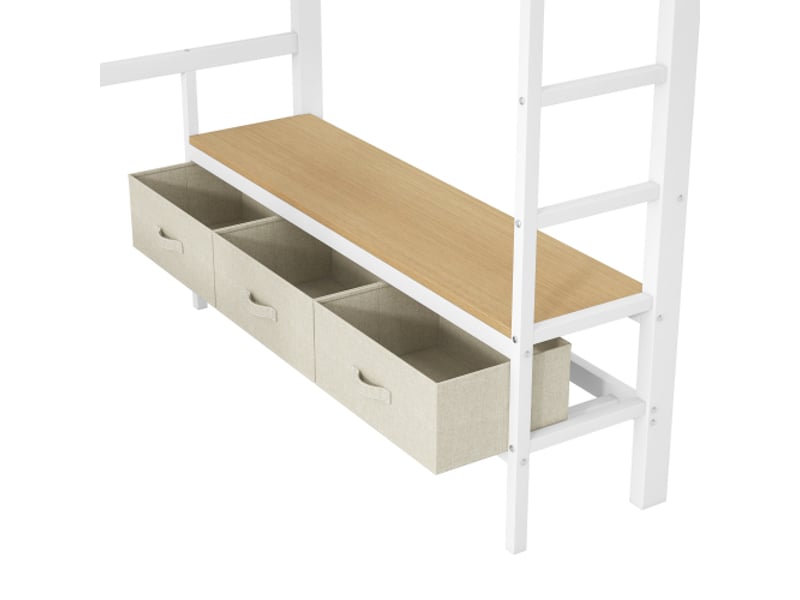  Lit mezzanine métallique 140x200 cm - usb, led, bureau intégré, penderie ouverte et 3 tiroirs à linge - blanc  - Conforama E