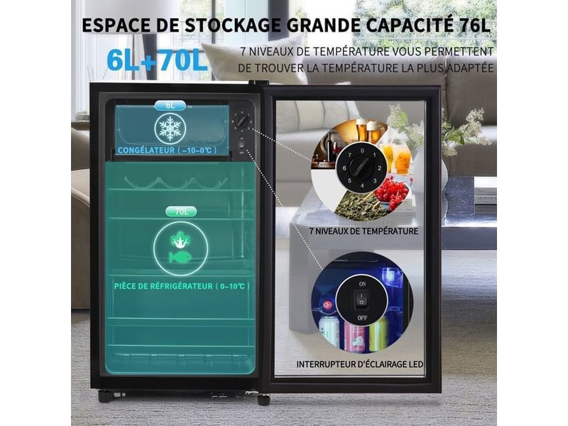 Mini réfrigérateur 76l noir - 6l congélation&70l réfrigération - classe e - éclairage led - mini frigo silencieux - r600a écologique 71.6x40x43.5cm - Conforama C