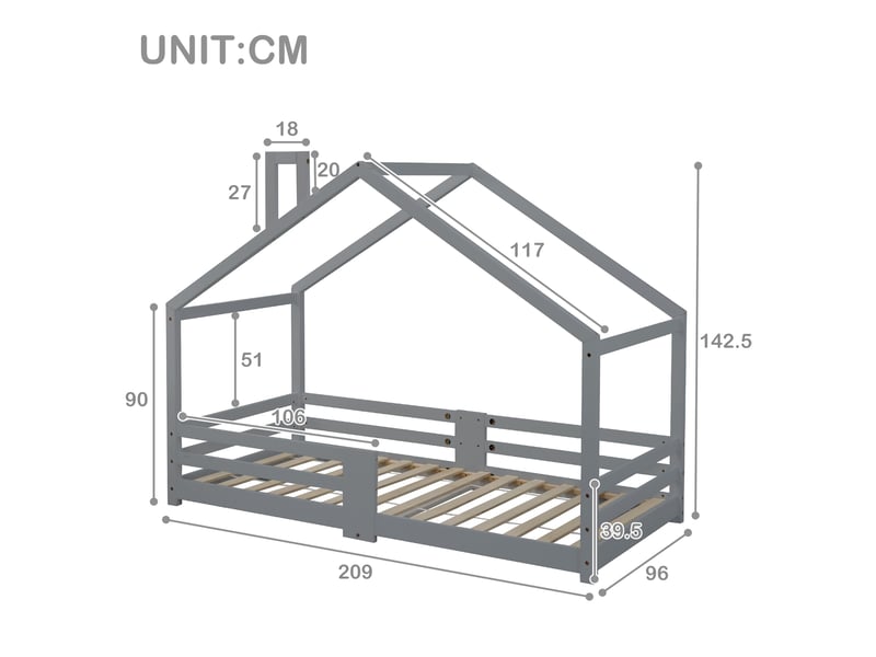 Lit cabane enfant 90 x 200 cm en pin massif avec barrières anti-chute et sommier 15 lattes, gris WF197915AAG - Conforama C
