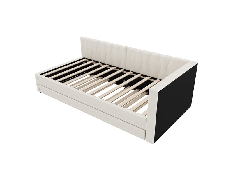  Lit enfant 90x200 cm avec lit gigogne 90x190 cm, led et prise usb, en lin beige, sans matelas  - Conforama D