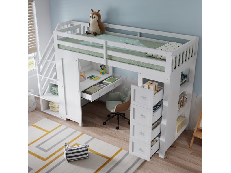  Lit enfant mezzanine rangement bureau 90x200 bois avec tiroirs et etageres homvra  - Conforama D