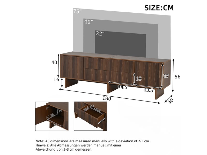  Meuble tv 180x40x56 cm avec 4 tiroirs et 2 portes, panneaux de particules noyer foncé  - Conforama E