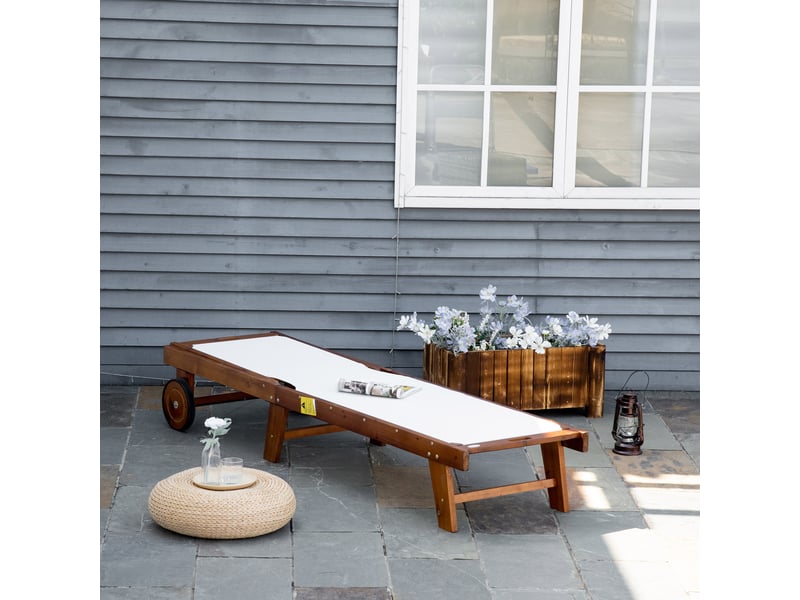  Chaise longue inclinable, transat de jardin, mobilier de jardin, réglable, bois d'acacia, textile, naturel et blanc, 198 x 55 x 30-88,5 cm  - Conforama C