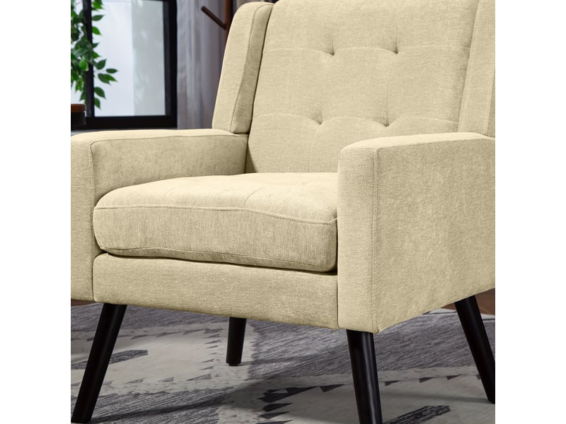  Fauteuil beige en daim capitonné, style milieu du siècle, mousse haute densité, pieds bois massif, salonchambrebureau  - Conforama D