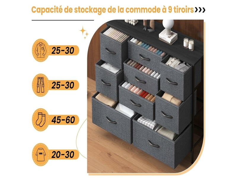  Chiffonnier neuf tiroirs tissu meuble de rangement 76 cm gris fonce moderne  - Conforama D