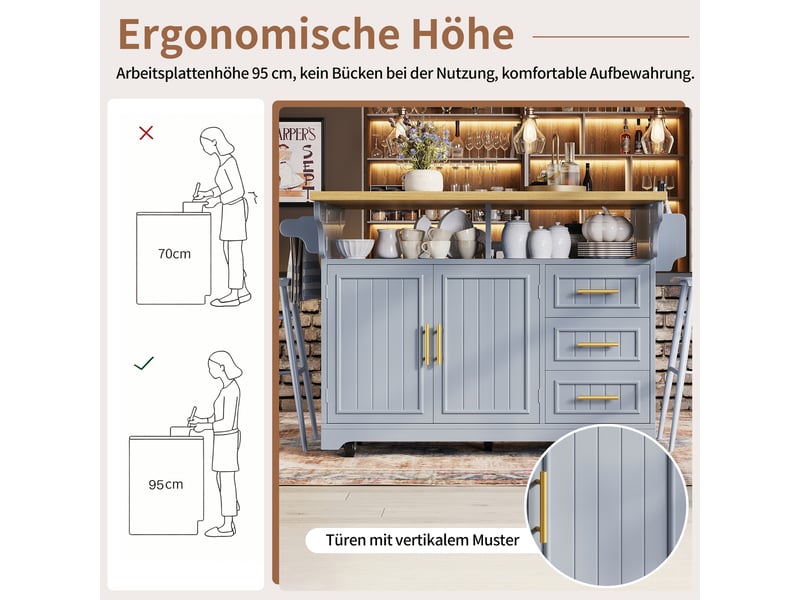  Îlot de cuisine sur roulettes avec plateau rabattable mdf bleu 120x40x95 cm  - Conforama D